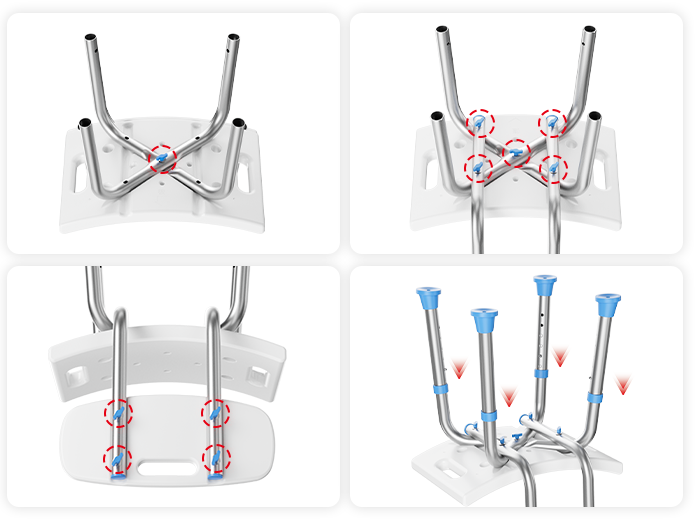 SHC10 shower chair parts shown for tool-free assembly