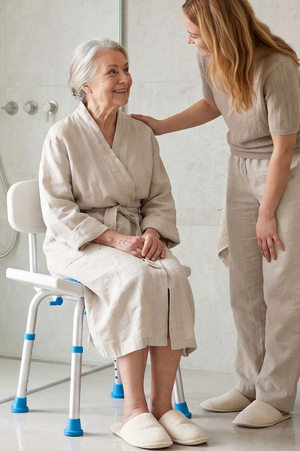HOMLAND shower chair helping seniors bathe safely with caregiver support in the bathroom
