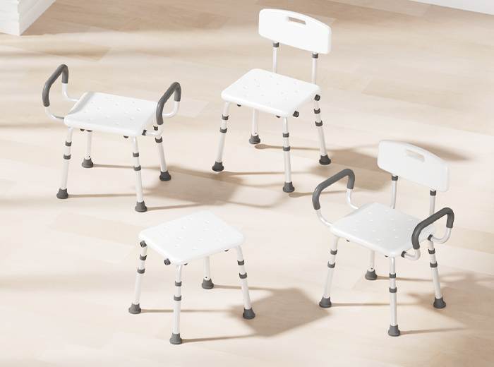 Four SHC20 shower chair configurations showing removable backrest and armrest options