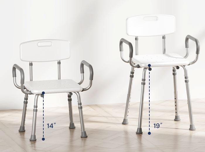 SHC20 shower chair showing adjustable seat height from 14 to 19 inches