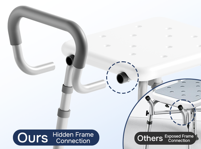 Close-up of covered frame connection under the SHC20 shower chair seat