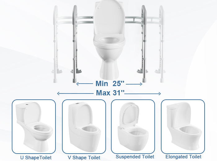 HOMLAND T8 toilet safety rail showing adjustable width for different toilet types