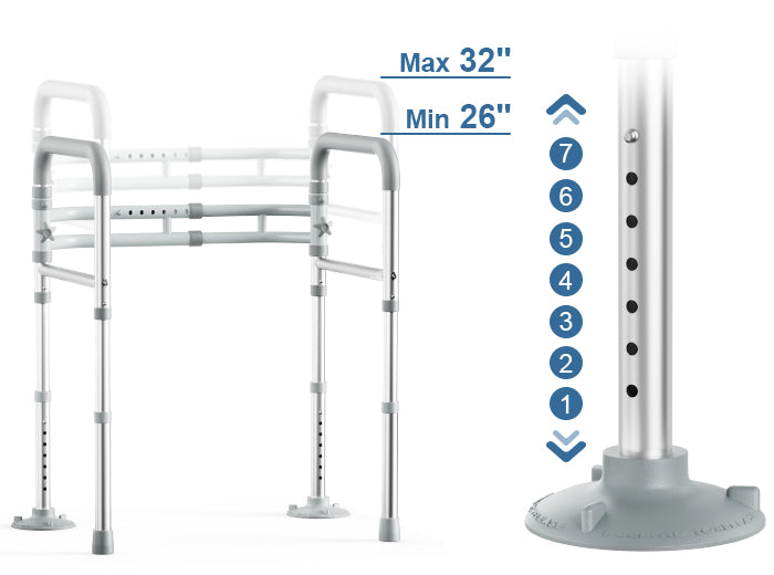 HOMLAND T8 toilet safety rail showing 7 height settings from 26 to 32 inches