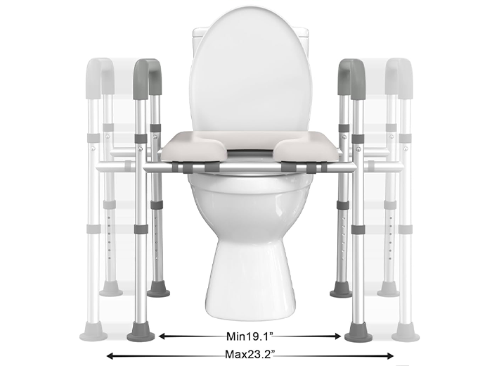 TRB10 raised toilet seat showing 19.1 to 23.2 inch width adjustment