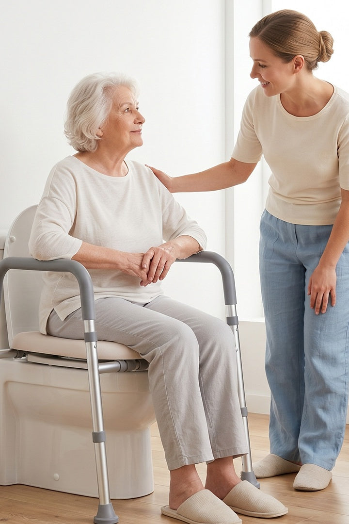 An old women sitting on TRB10 raised toilet seat over the toilet with a young lady stand beside