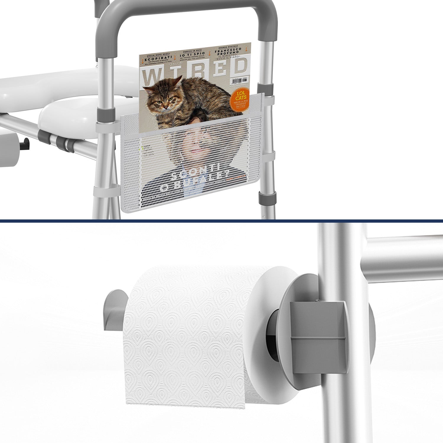 Side pouch and toilet paper holder attached to the TRB10 raised toilet seat