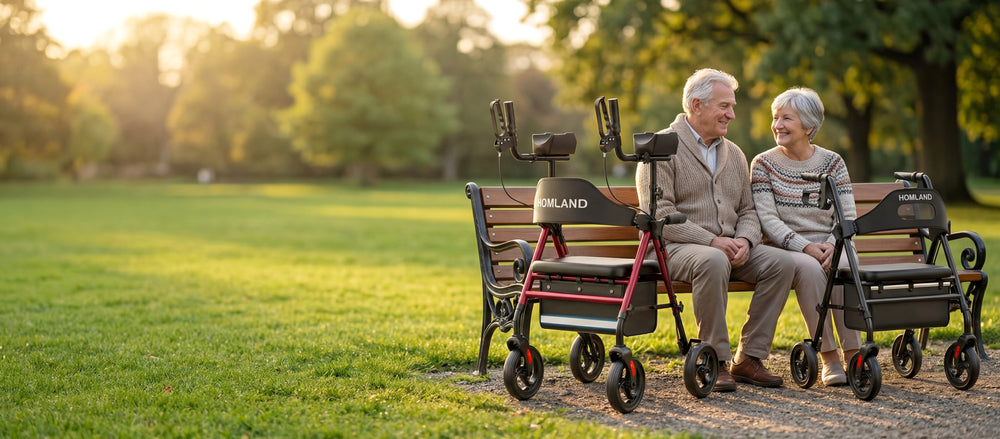 Happy senior couple resting on a park bench outdoors with their Homland upright rollator walkers and Rolling Walkers.