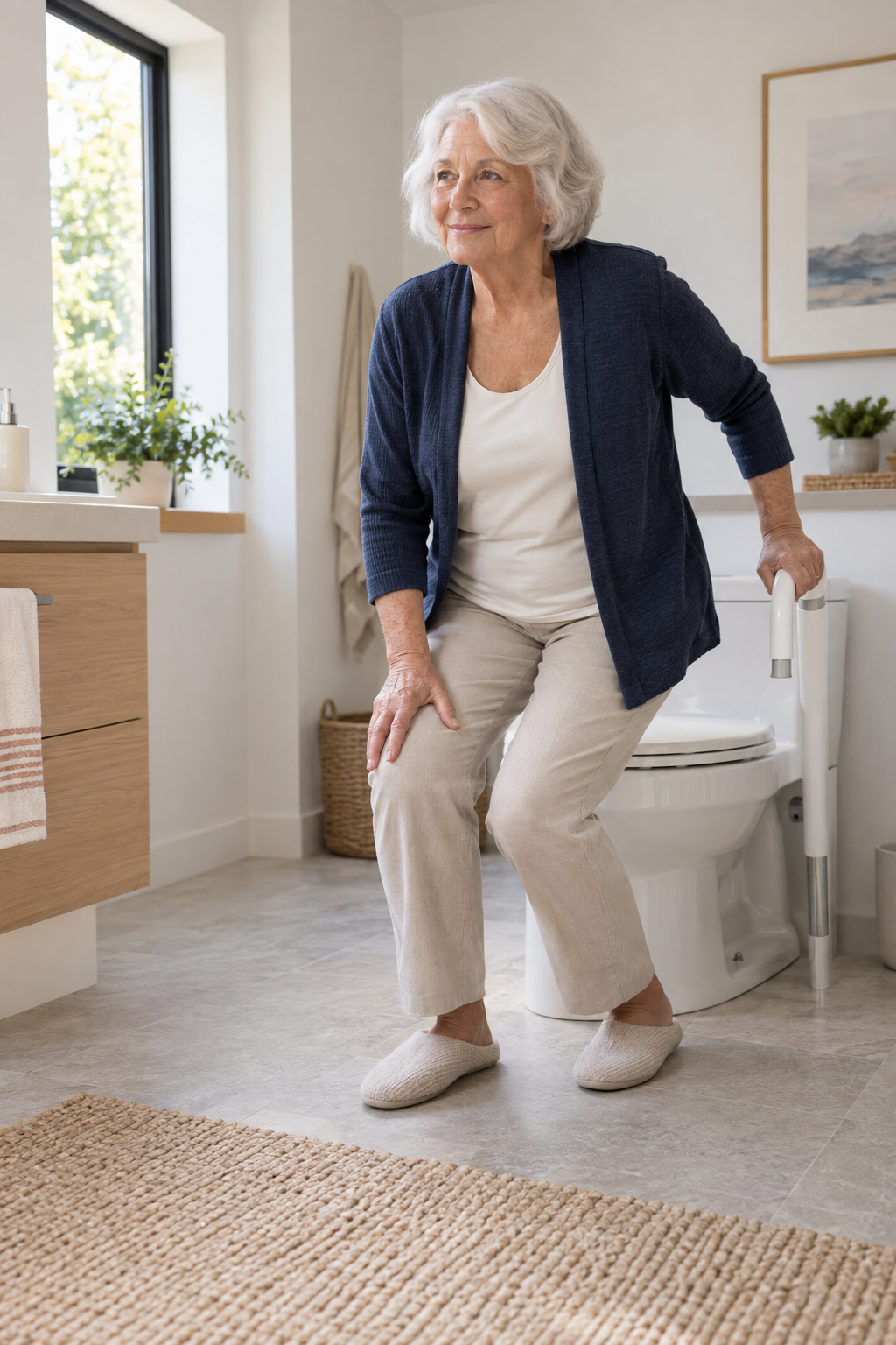 An older adult using steady support beside a bathroom toilet