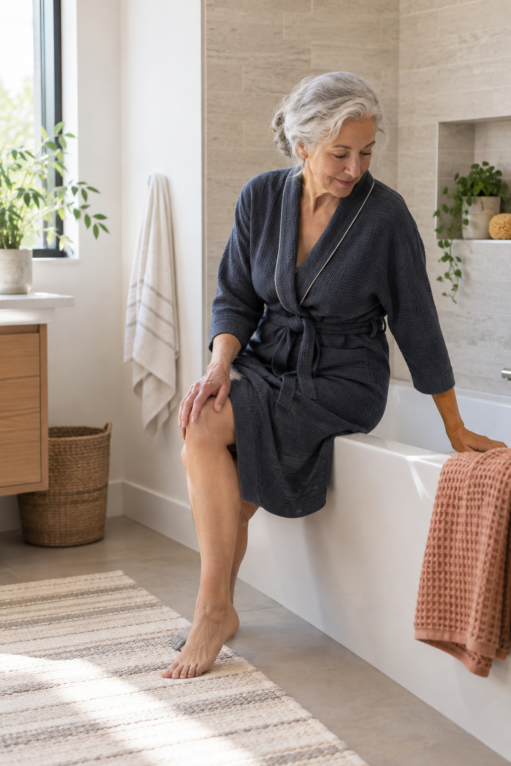 An older adult preparing for a calm seated bathtub transfer