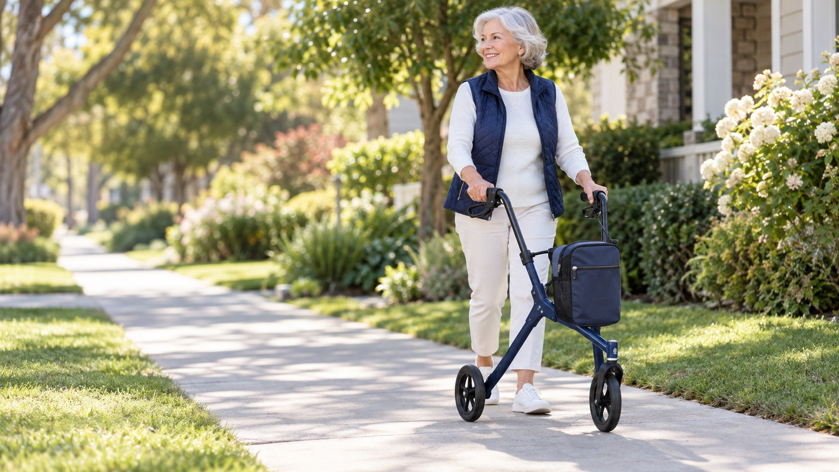 Older adult walking with an RW310 rollator outdoors