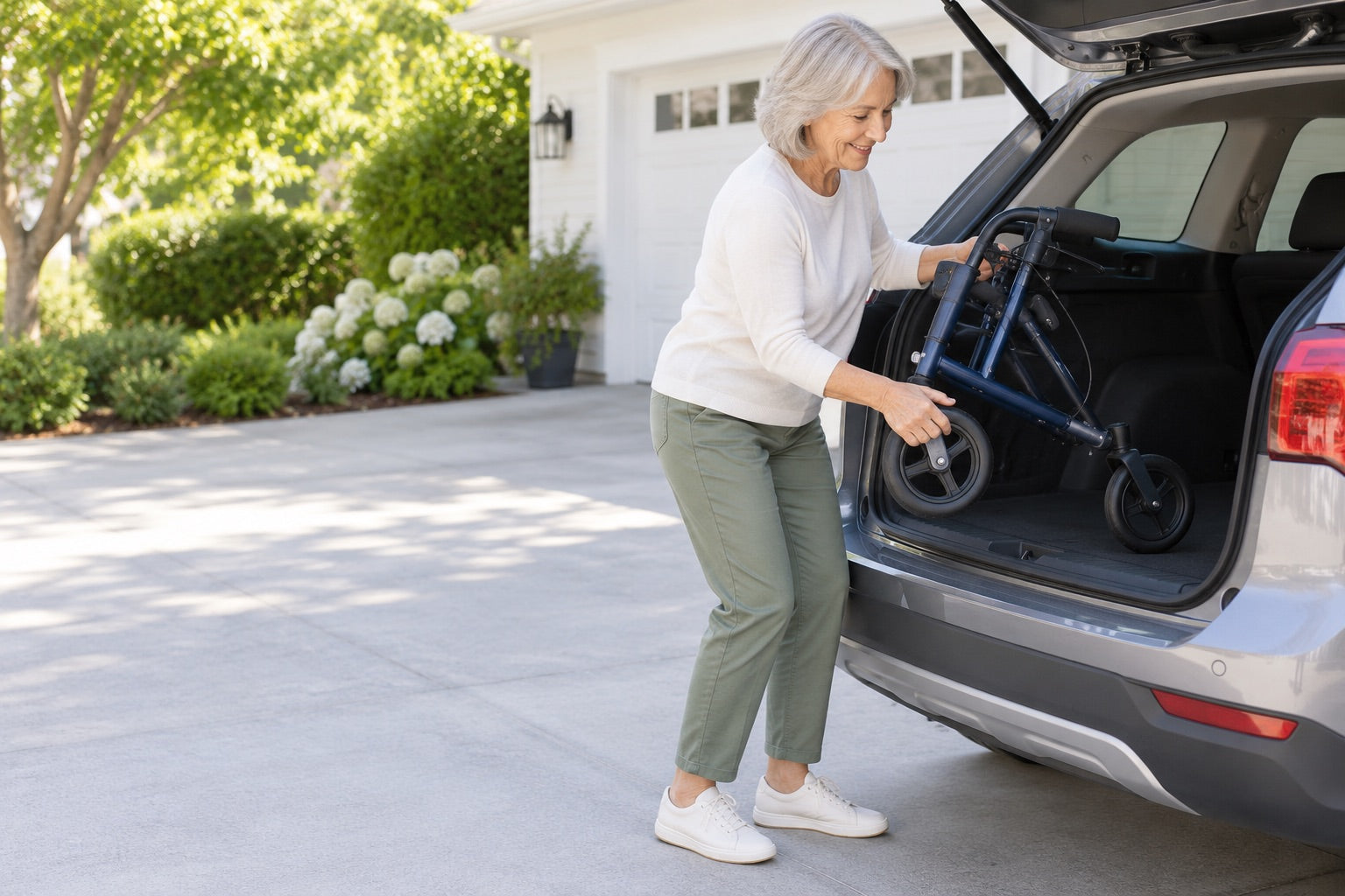 Older adult lifting a rollator into a vehicle